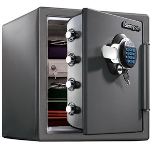 lot 4736 image: SentrySafe SFW123GDC Fireproof Safe and Waterproof Safe with Digital Keypad 1.23 Cubic Feet, Gun Metal Grey, Exterior 17.8H x 16.3W x 19.3 L Interior13.8H x 12.6W x 11.9L