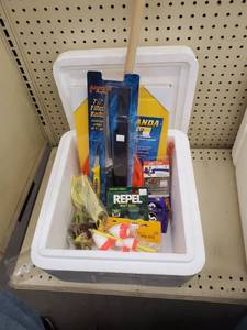 lot 301 image: 15qt cooler Hooks, Line, Soft bait - Knife, board and more