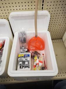 lot 306 image: 15qt cooler 30lb line Treble hooks Sinkers Bullet jigs, and more