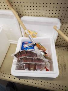 lot 309 image: 15qt cooler Bomber - Rapala - Storm lures -14lb line and Swivels