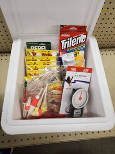 lot 312 image: 15qt cooler with jigs line swivels scale and more