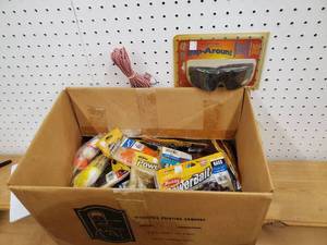 lot 371 image: Big box of soft bait with polarized sunglasses and more