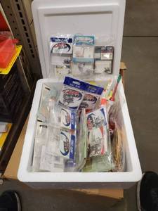lot 452 image: 5qt. Cooler, Hooks, weights, spoon lures, line and more