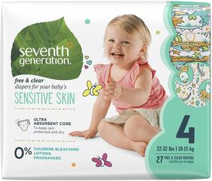 lot 8111 image: Seventh Generation Baby Diapers for Sensitive Skin, Animal Prints, Size 4, 27 count. Lot of 4 Packs