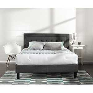 lot 529 image: Zinus Dachelle Upholstered Button Tufted Premium Platform Bed  Mattress Foundation  Easy Assembly  Strong Wood Slat Support  Dark Grey, Queen