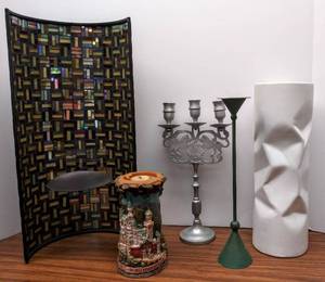 lot 521 image: Ornate Candle Holders & Vase  Vintage German Hand Carved Candle   Schloss  Neuschwanstein Castle