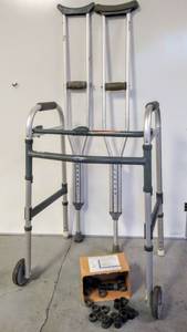 lot 570 image: Invacare Model 6281-A Walker Folding Walker - Adult Size, 2 Crutches & Rubber Cane Tips