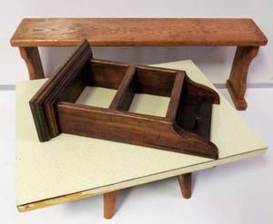 lot 573 image: Vintage Short Table & Wood Wall Hanging Shelves