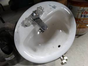 lot 2857 image: Round Porcelain Bathroom Sink and faucet