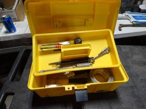 lot 2888 image: Yellow Plastic Tool box with Various Tools