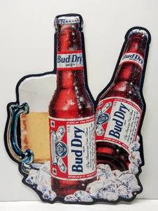 lot 9541 image: Vintage 25 Tall  Budweiser Metal Beer Mug & Bottles Sign