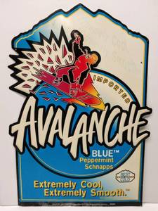 lot 9542 image: 1996 Metal Avalanche Blue Peppermint Schnapps Snowboarder Sign