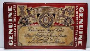 lot 9544 image: Vintage Metal Budweiser Genuine Decreed by the Courts Beer Sign