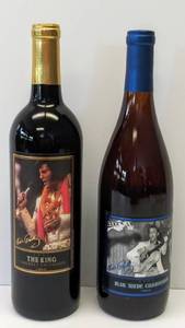 lot 9551 image: 2 Un-Opened Bottles of Elvis Presley Wine from Graceland Cellars   The King Cabernet Sauvignon & Blue Suede Chardonnay