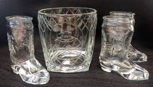 lot 9599 image: Crown Royal Rocks Glass & 3 Jim Beam Cowboy Boot Shot Glasses