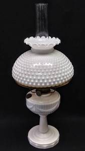 lot 9655 image: Antique Aladdin Alacite Glass Oil Lamp  Lincoln Drape Pattern  Nu-Type Model B w Hobnail Globe