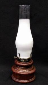 lot 9658 image: Vintage Hurricane Lamp with Chimney & Wood Base