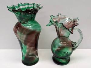 lot 9663 image: Gorgeous Blown Glass Vase & Pitcher