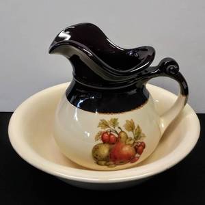lot 9665 image: Vintage McCoy USA Pottery  Pitcher and Bowl Set #7515  Fruit & Nut Pattern