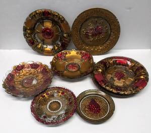 lot 9667 image: 8 Antique Goofus Glass  Reverse Painted Red & Gold Plates  Rose Design