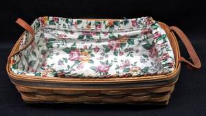 lot 9696 image: Longaberger Basket  Rectangle  w2 Leather Hoop Handles & Liner 1996  Signed