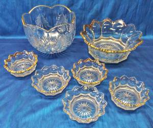 lot 209 image: Mikasa Christmas Tree Bowl Gold Trim Cut Glass & 6 Piece Glass Bowl Set