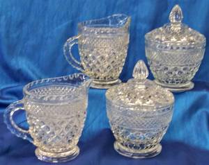 lot 211 image: 2 Pairs Vintage Glass Covered Sugar Bowl and Creamer