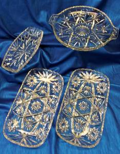 lot 213 image: 2 Rectangle Pressed Glass Star of David Serving Trays & Glass Oval Relish Tray & Platter
