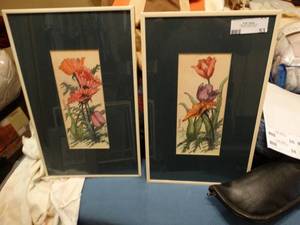 lot 53 image: 2 pcs matching framed artwork- signed by artist Bev Simpson.  Poppies & Tulip