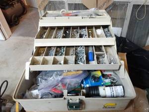 lot 313 image: Tackle box w various hardware electrical supplies & screw drivers