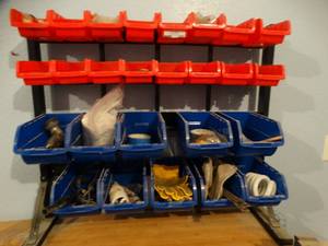 lot 377 image: Plastic organizer w rack & contents of various hardware