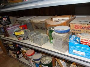 lot 1218 image: Shelf of various hardware- Nails screws misc.