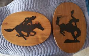 lot 5020 image: Western Decor - Steel Cowboys Mounted on Solid Wood Backings both are 16x11