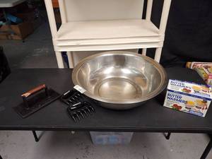 lot 9726 image: BBQ Lot-  Cast Iron Press- Large Stainless Bowl and More