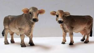 lot 108 image: 2  2001 Schleich Germany   Brown Swiss Bull 13257 & Cow 13256  Both Retired