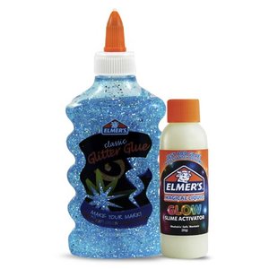 lot 1110 image: Elmer��s Glitter & Glow Slime Bundle Slime Supplies Include Glow in the Dark Magical Liquid Slime Activator, Glitter Liquid Glue, Blue, 2 Count