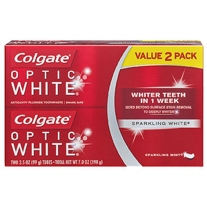 lot 1393 image: Colgate Optic White Whitening Toothpaste, Sparkling White - 3.5 ounce (2 pack)