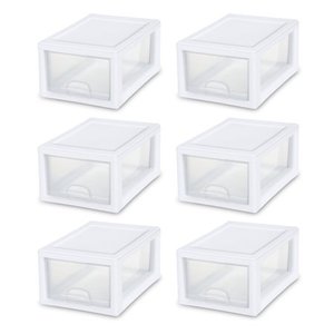 lot 350 image: Sterilite 20518006 6 Quart5.7 Liter Stacking Drawer, White Frame with Clear Drawer, 6-Pack