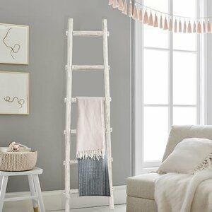 lot 1007 image: Fifth  Nest Blanket Ladder White Shelf Rustic Farmhouse Home Decor Wooden 5 Foot to Display Blankets, Quilts, Towels and Linens