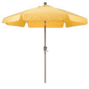 lot 1049 image: California Umbrella 7.5 Round Aluminum Pole Fiberglass Rib Umbrella, Crank Open, Push Button 3-Way Tilt, Champagne Pole, Yellow