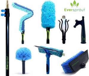 lot 1050 image: EVERSPROUT Extension Pole Total Kit (20 Foot Reach)  Telescopic Pole, Scrub Brush, Light Bulb Changer, Utility Hook, Swivel Squeegee, 3X Microfiber Dusters (Cobweb, Flexible Ceiling Fan, Feather)