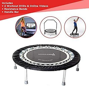 lot 6933 image: Maximus Pro Gym Rebounder Mini Trampoline with Handle bar. Includes 2 x Awesome Rebound DVDs 7 Workouts, 3 Months Free Video Membership 150kg User Weight. Personal Adult Exercise Trampoline . Damaged Leg. Missing Handle Bar.