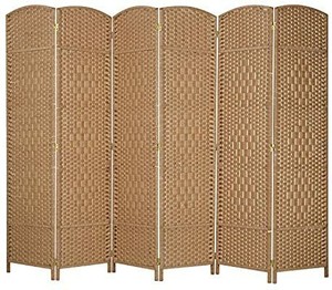 lot 6937 image: MyGift 6-Panel Woven Beige Wicker Room Divider with Two-Way Hinges