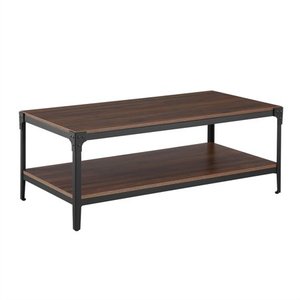 lot 6943 image: Walker Edison Furniture Company Rustic Farmhouse Rectangle Wood and Metal Frame Coffee Accent Table Living Room 2 Tier Storage Shelf, 46 inch, Dark Walnut