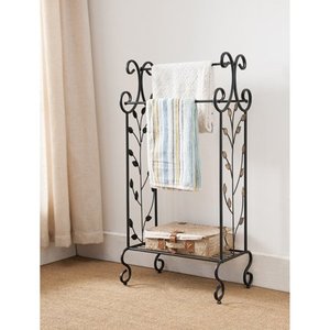 lot 6948 image: Kings Brand Furniture Black Metal with Gold Leaf Free Towel Rack Stand with Shelf