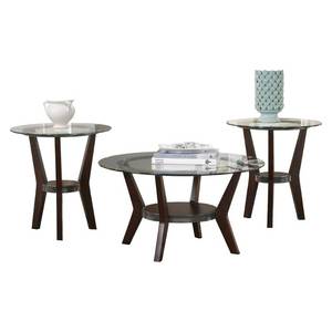 lot 6954 image: Signature Design by Ashley - Fantell Circular Glass Top Occasional Table Set - Includes Cocktail Table & 2 End Tables, Dark Brown
