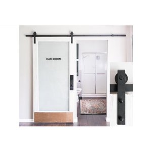 lot 7243 image: INDUSTRIAL BY DESIGN �� 8ft Single Sliding Barn Door Hardware Kit �� Ultra Quiet, Designers Choice, All Parts Included, Easy Installation with DIY Video Instructions