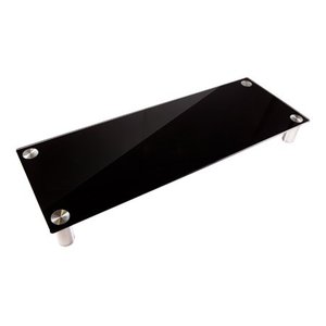lot 7258 image: Monoprice Large Multimedia Desktop Stand - Black Glass (30.8 x 11in) Stand & Riser, Laptop Stand, Desktop TV Stand, Dual Monitors w Height Adjustable Legs - Workstream Collection