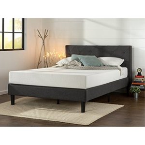 lot 7303 image: Zinus Shalini Upholstered Diamond Stitched Platform Bed  Mattress Foundation  Easy Assembly  Strong Wood Slat Support  Dark Grey, King