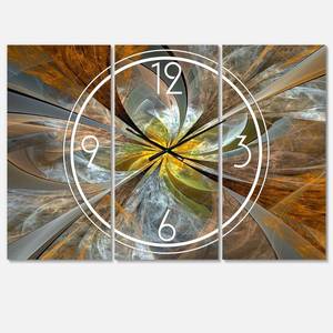 lot 2548 image: Designart Symmetrical Yellow Fractal Flower Modern 3 Panels Oversized Wall Clock - 36 in. wide x 28 in. high - 3 panels